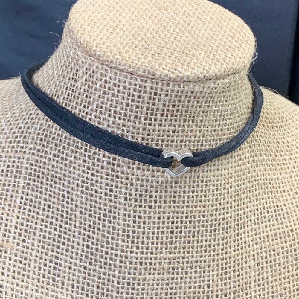 Black Faux Suede Double Cord Choker Necklace Silver Heart Charm Adjustable 12in